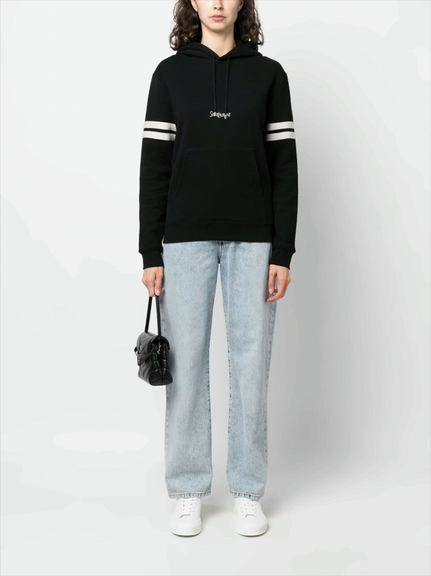 Saint Laurent Embroidered Logo Black Hoodie With Striped Sleeves