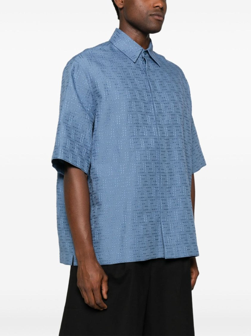 Fendi Oversized Short-Sleeved Shirt In Light Blue Linen Ff Jacquard