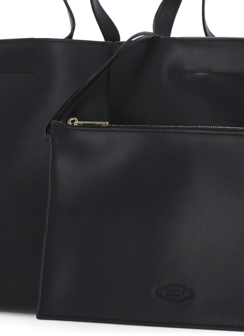 Tod's Structured Black Leather Shopping Bag With Matching Clutch