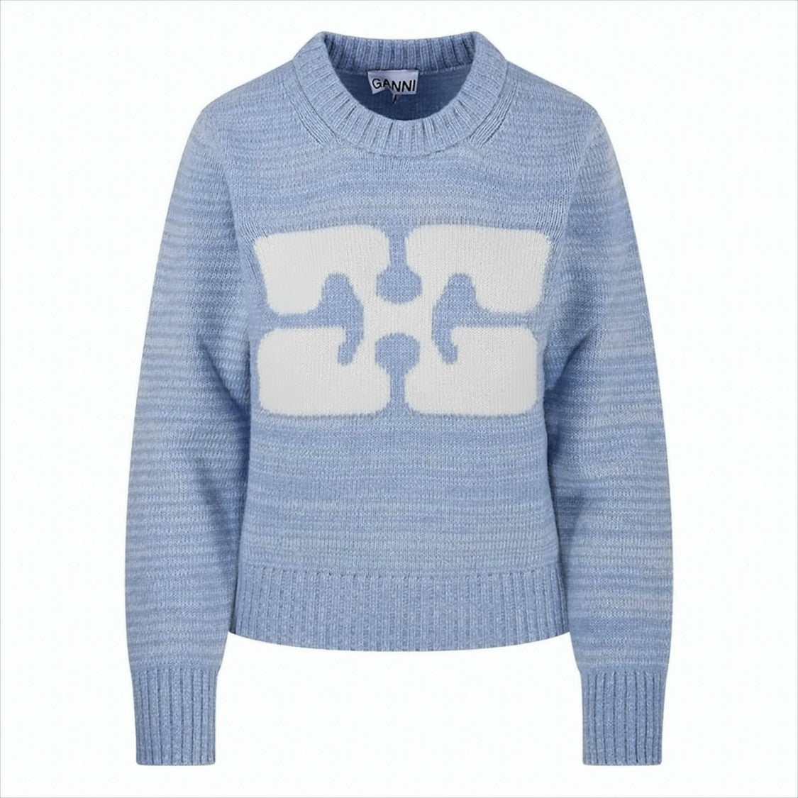 Ganni Textured Blue Wool Blend Pullover Sweater With Abstract Graphic