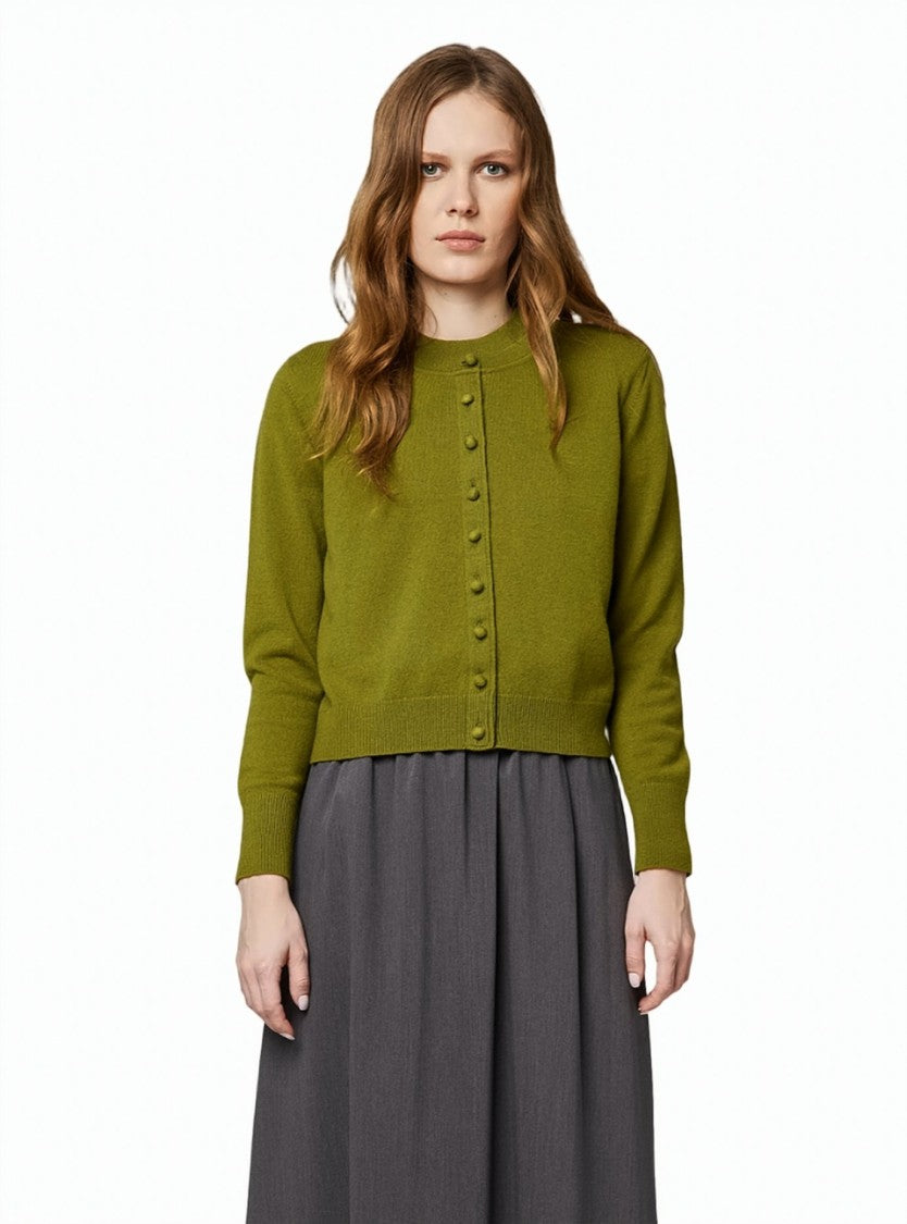 Alpha Studio Geelong Extrafine Wool Fabric-Covered Buttons Cropped Cardigan