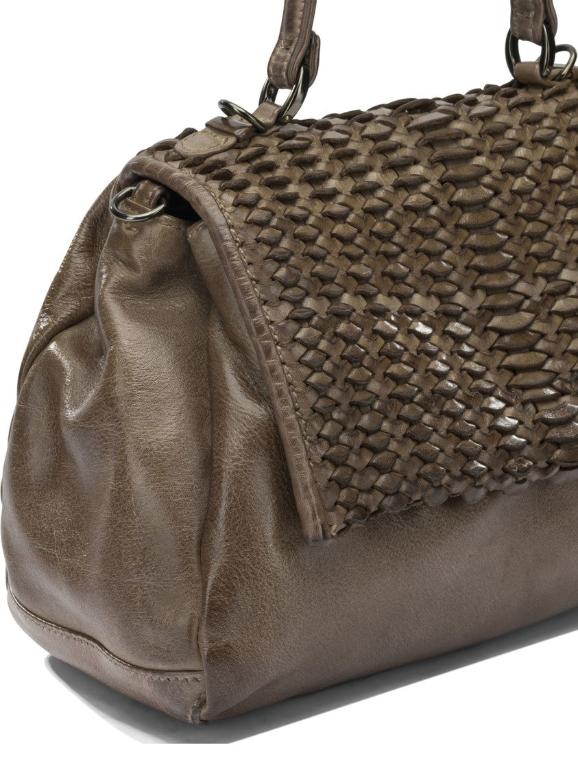 Giancarlo Nevola Medium Brown Leather Handbag With Woven Flap And Versatile Carrying Options