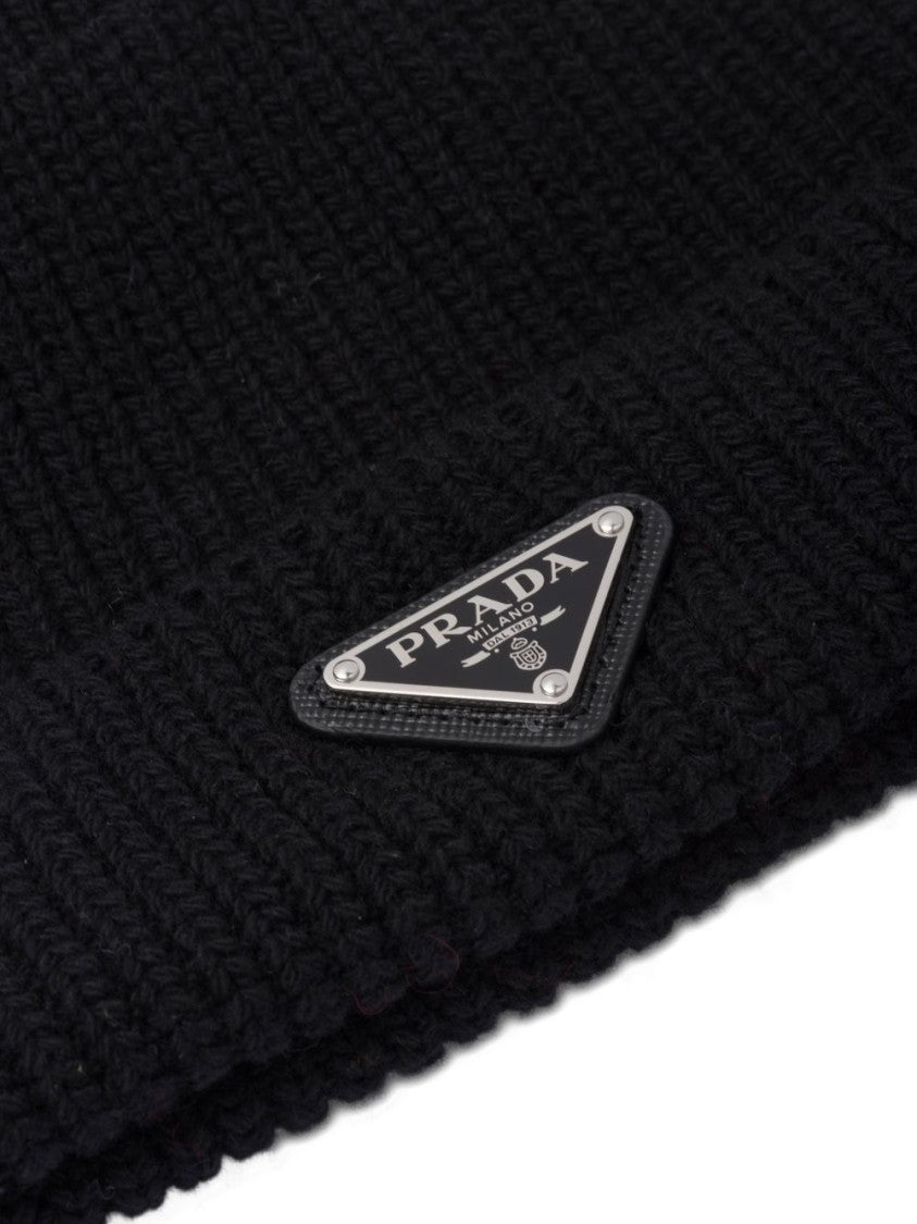 Prada Black Minimalist Ribbed Knit Beanie Hat