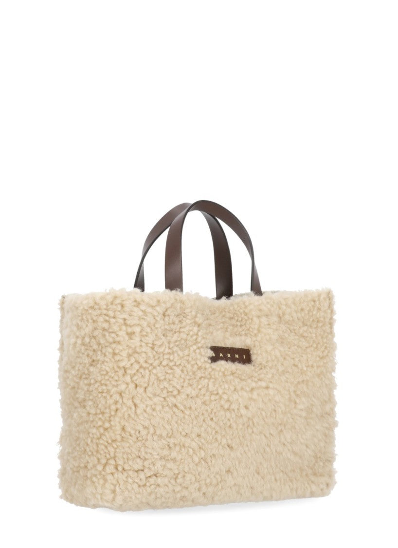 Marni Beige Fur-Front Gold Logo Leather Shoulder Bag