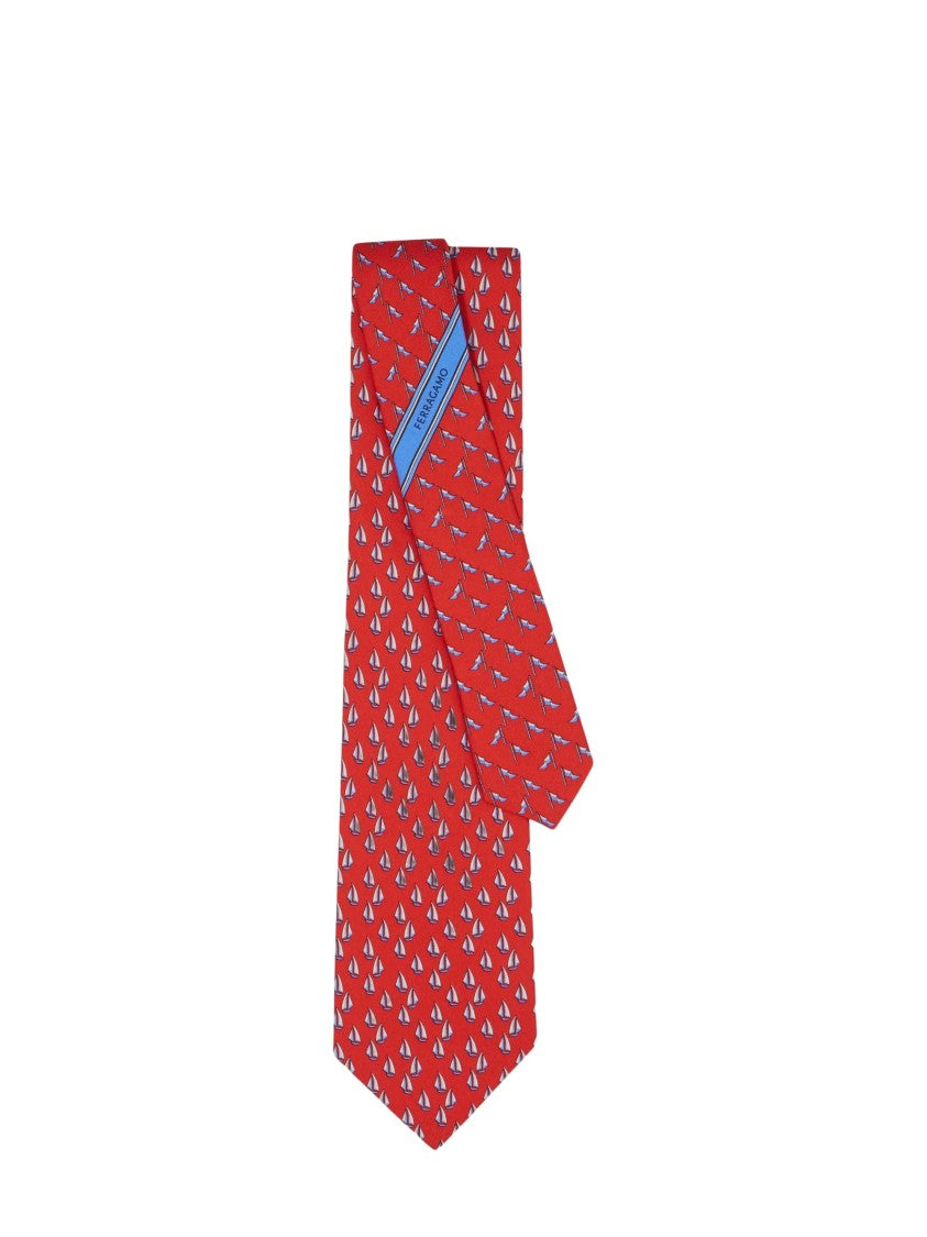 Ferragamo Vibrant Red Catamarano Tie With Nautical Sailboat Motif