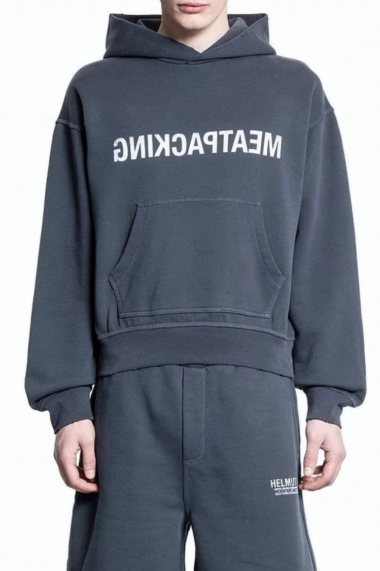 Helmut Lang Cropped Dark Grey Hoodie With Bold Text Print