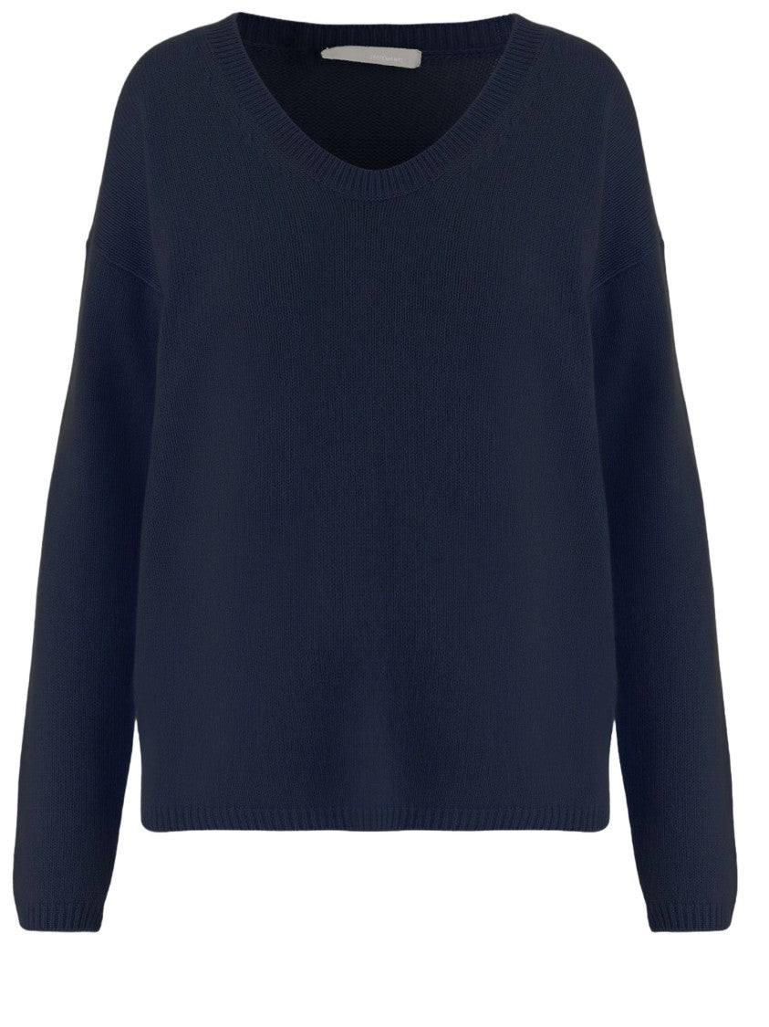Allude Navy Cashmere Sweater With V-Neck And Ribbed Edges