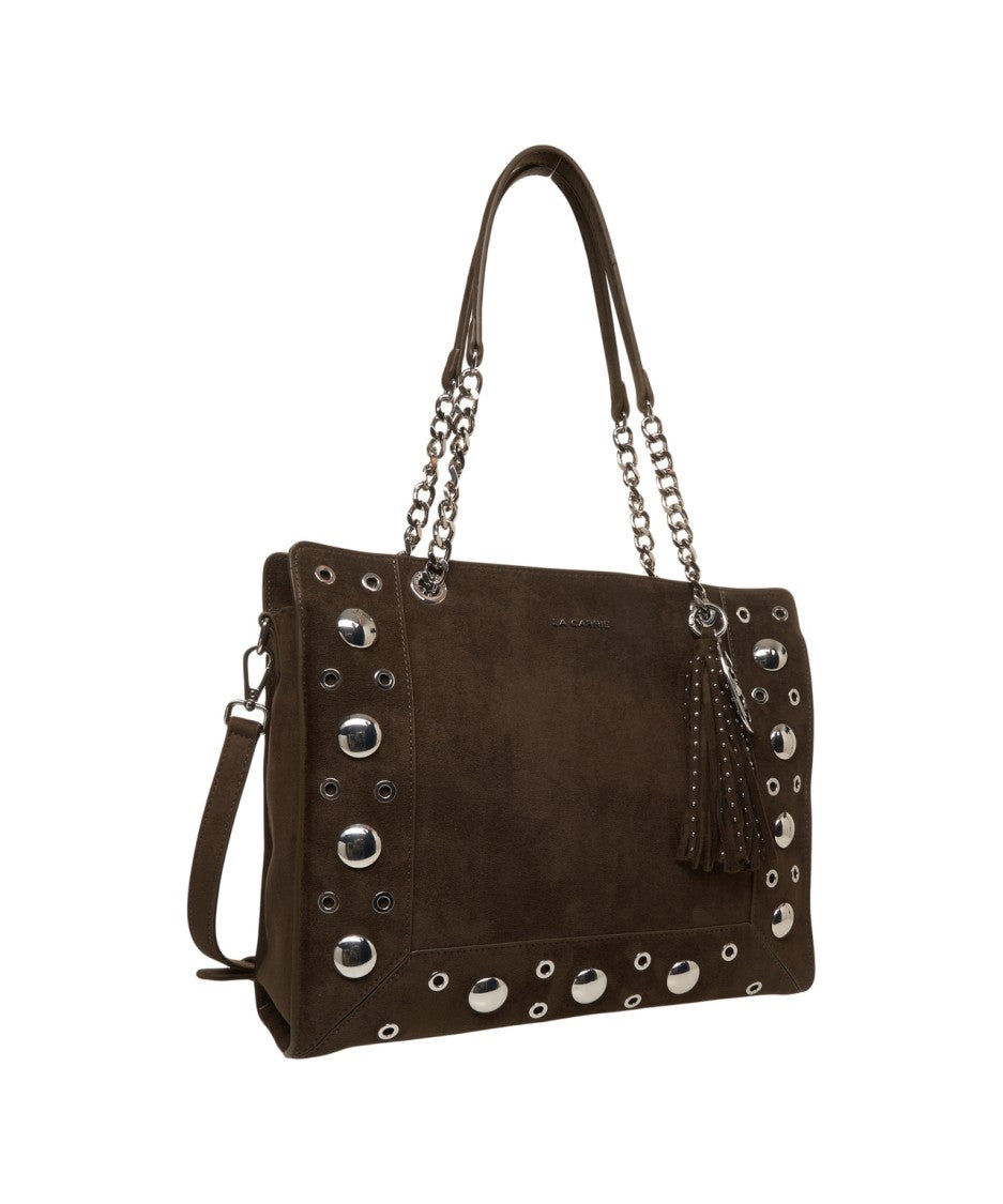 La Carrie Olive Eco Suede Shopper With Studded Accents