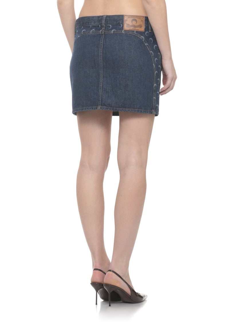 Marine Serre Dark Blue Denim Mini Skirt With Moon Logo Details