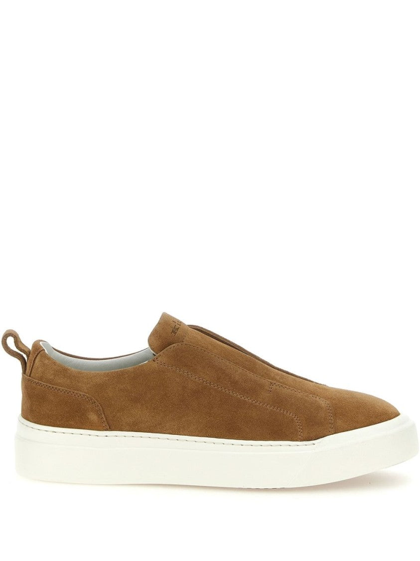 Kiton Cognac Brown Suede Slip-On Loafers With Logo-Debossed Tongue