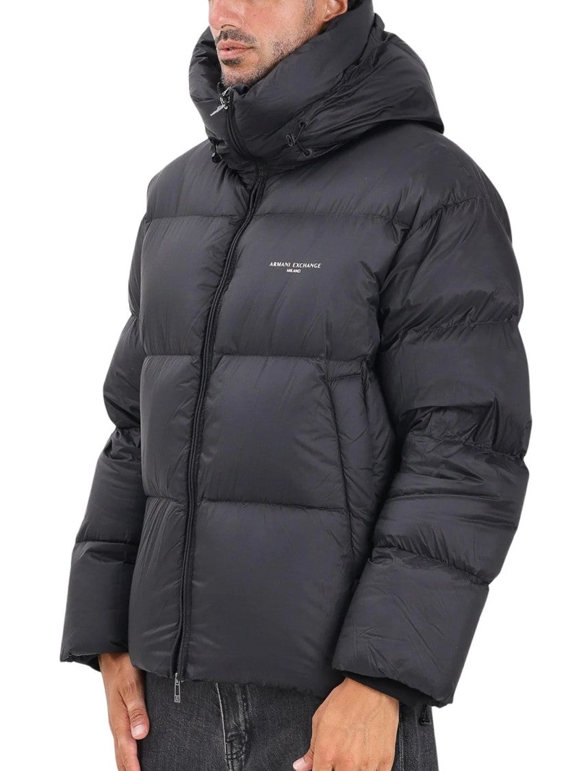 Armani Exchange Black Quilted Hooded Polyamide Down Jacket