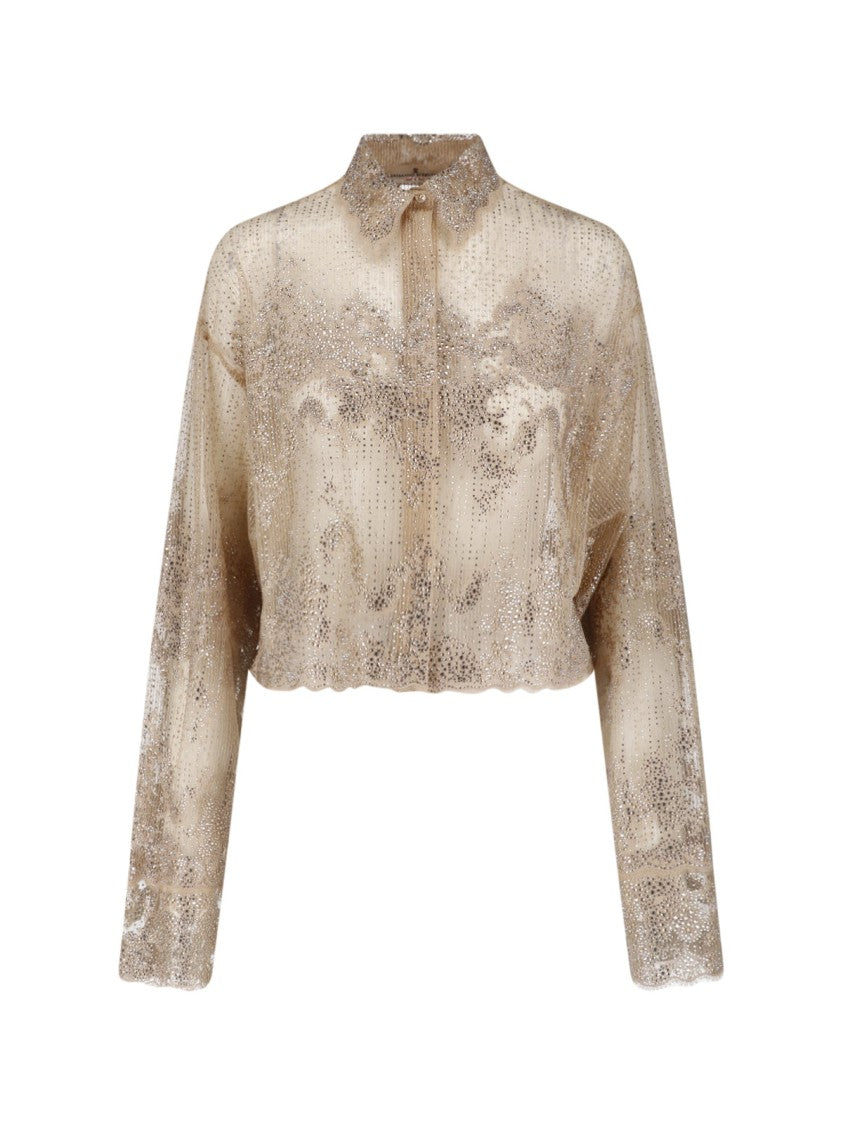 Ermanno Scervino Beige Lace Rhinestone Classic Collar Shirt