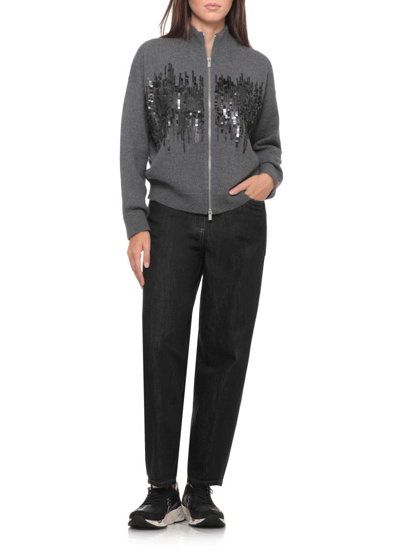 Peserico Grey Wool Blend Cardigan With Paillettes And High Neck Design