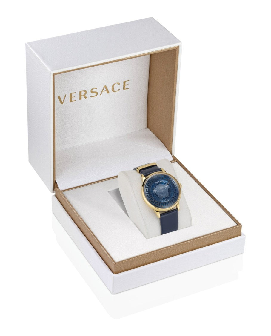 Versace Medusa Alchemy Timepiece With Yellow Gold Case And Blue Dial