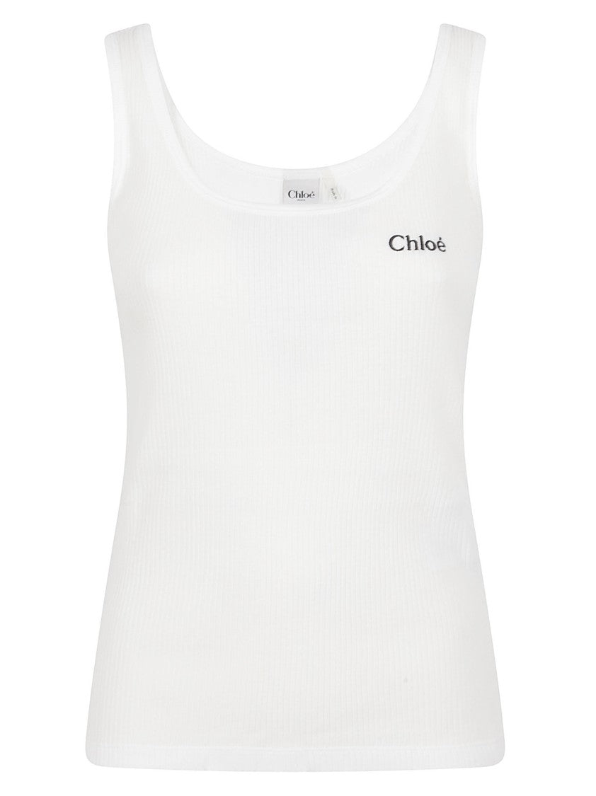 Chloé Sleeveless Ribbed Tank Top With Scoop Neckline And Embroidered Logo