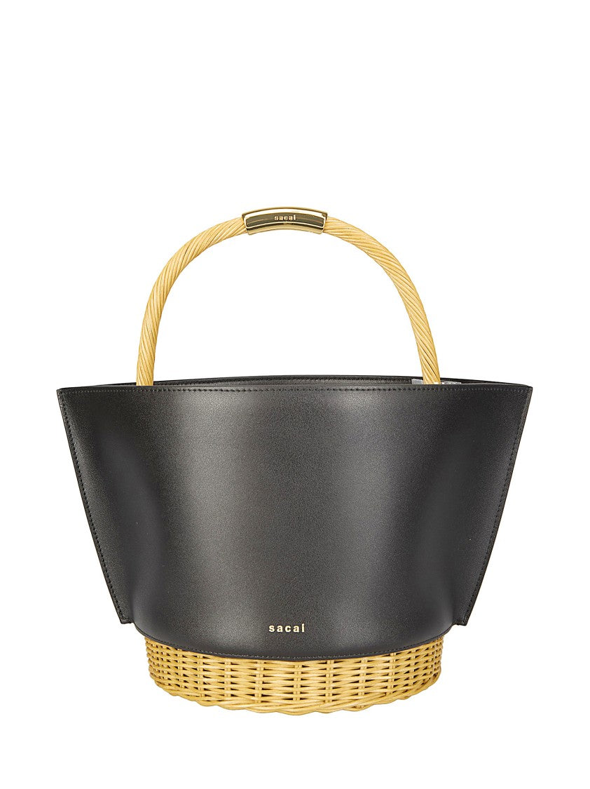 Sacai Medium Basket With Leather Base And Woven Rattan Sides