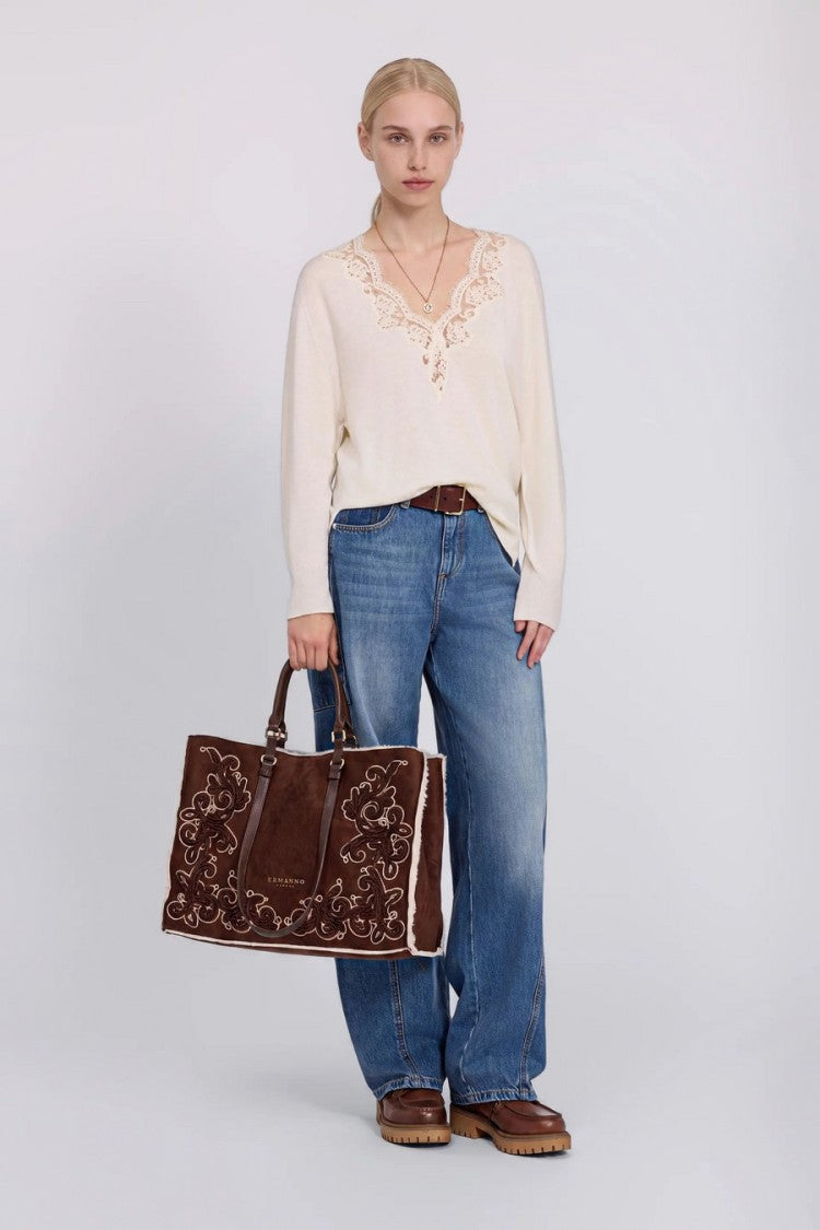 Ermanno Cream V-Neck Ruffled Floral Wool Sweater