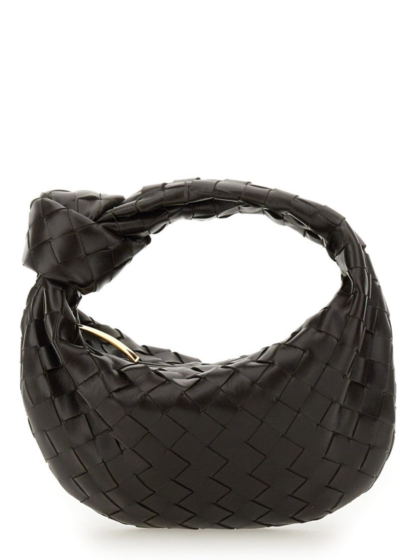 Bottega Veneta Compact Black Woven Shoulder Bag With Knotted Handle Detail