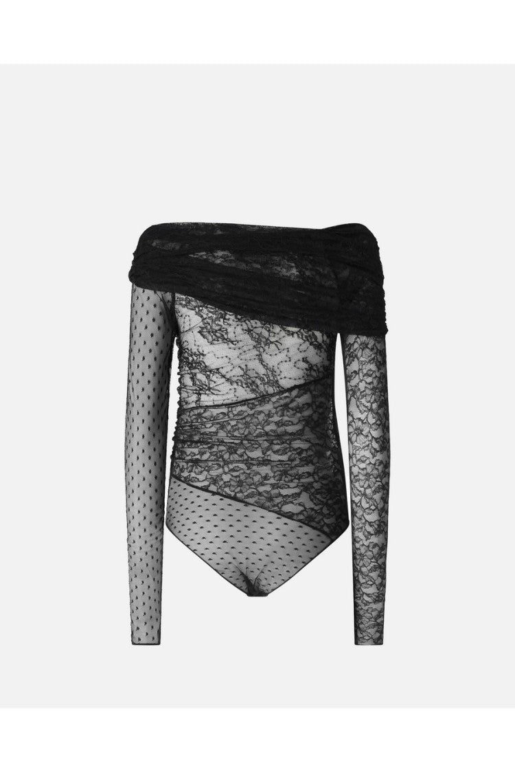 Pinko Black Sheer Draped Off-Shoulder Lace Bodysuit