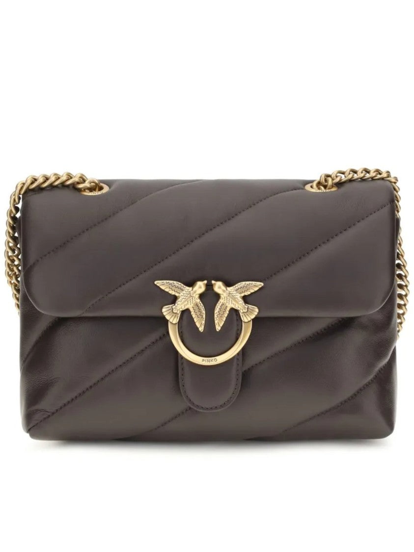 Pinko Quilted Brown Leather Shoulder Bag With Gold-Tone Bird Clasp