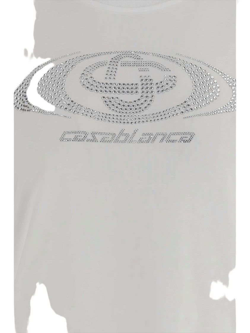Casablanca White Cotton T-Shirt With Rhinestone Logo