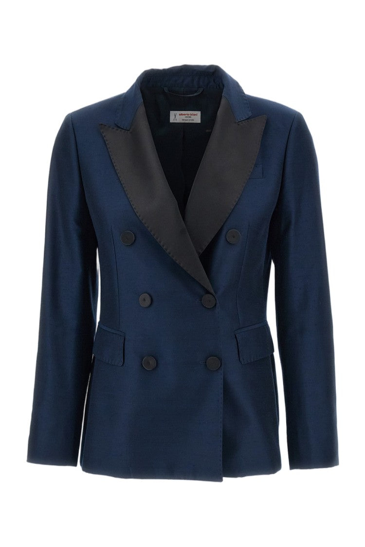 Alberto Biani Blue Iridescent Satin Double-Breasted Tuxedo Blazer