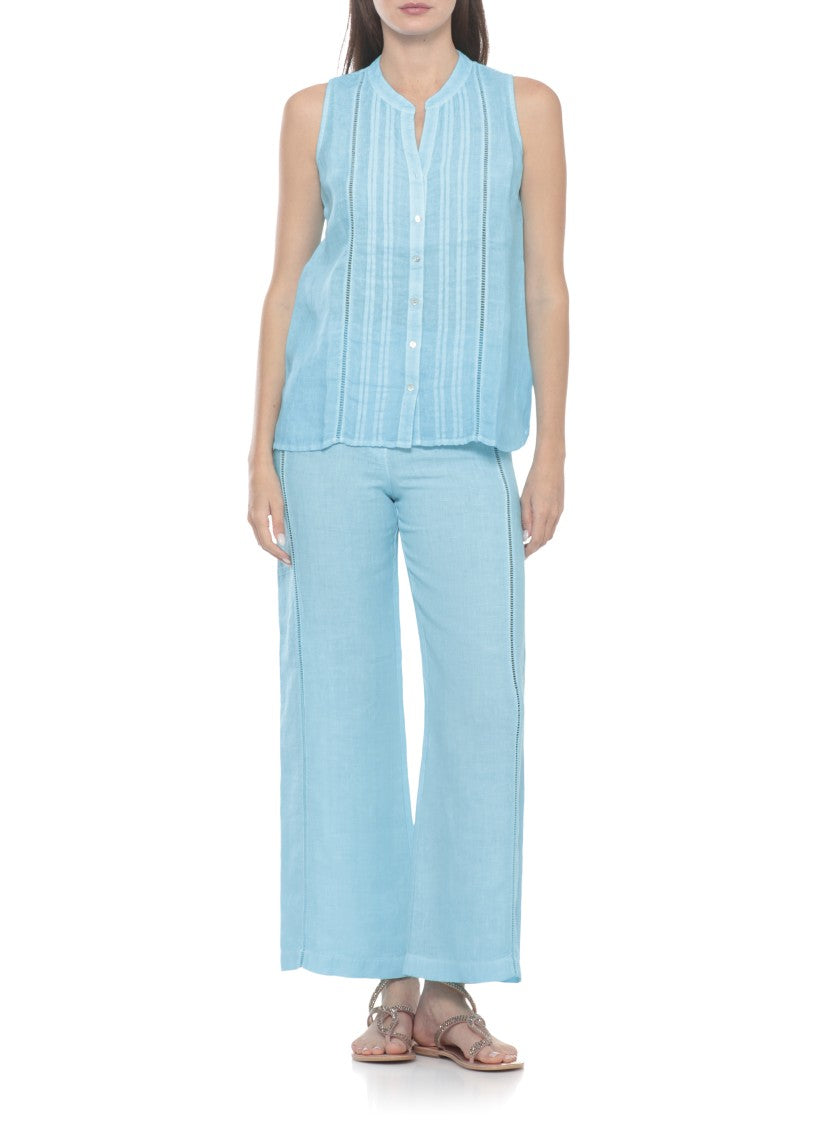 120% Lino Light Blue Cut-Out Linen Tank Top