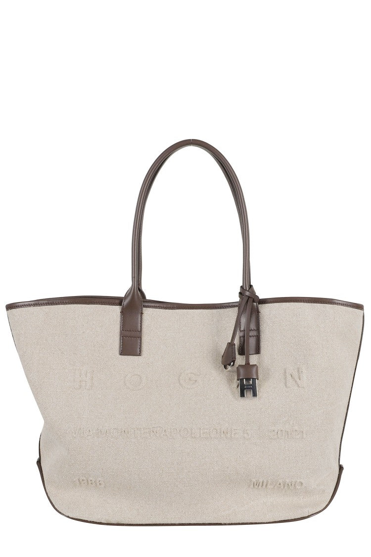 Hogan Beige Medium Address Shopper Linen-Blend Tote Bag