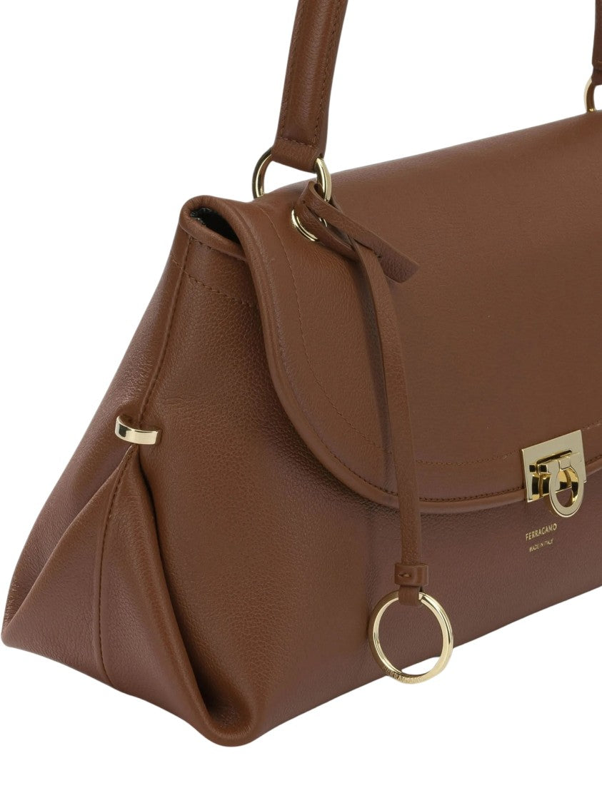 Salvatore Ferragamo Brown Pebbled Leather Shoulder Bag With Gancini Lock