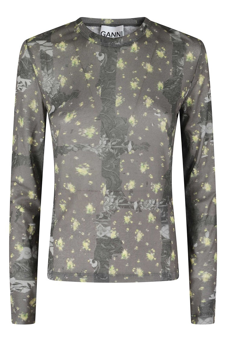 Ganni Green Printed Marl Mesh Floral Long-Sleeve Polyester T-Shirt