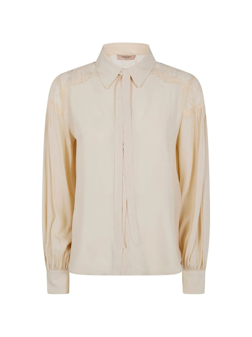 Twin-Set Puffed Sleeve Lace Plain Shirt