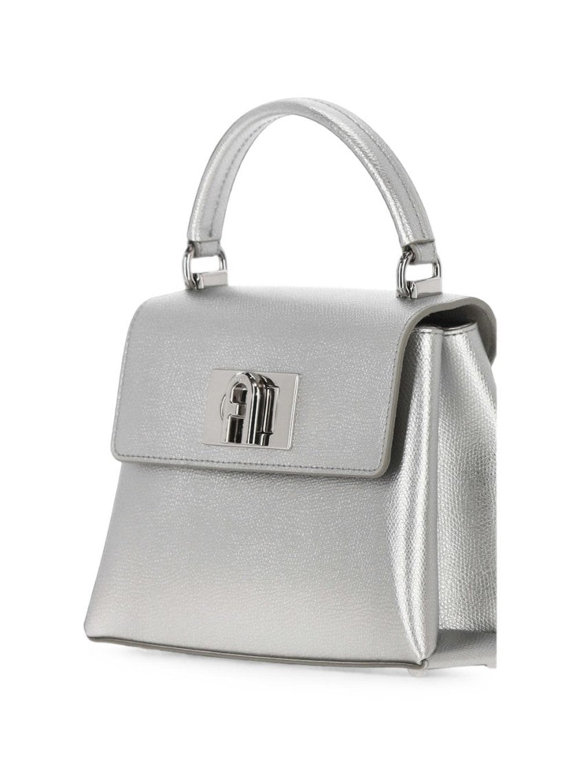 Furla Metallic Silver Leather Structured Trapezoidal Shoulder Bag
