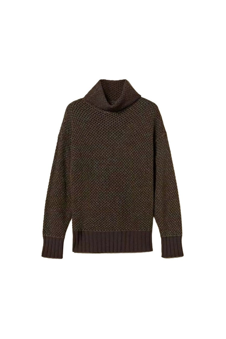 Twin-Set Dark Brown Metallic Honeycomb-Knit Wool-Blend Sweater
