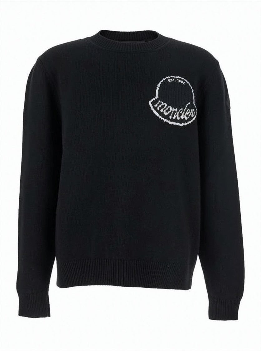 Moncler Classic Black Wool Sweater With Embroidered Logo