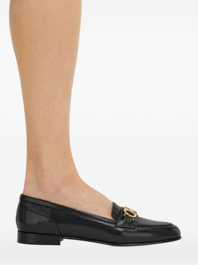 Ferragamo Black Gancini Ornament Smooth Leather Loafers