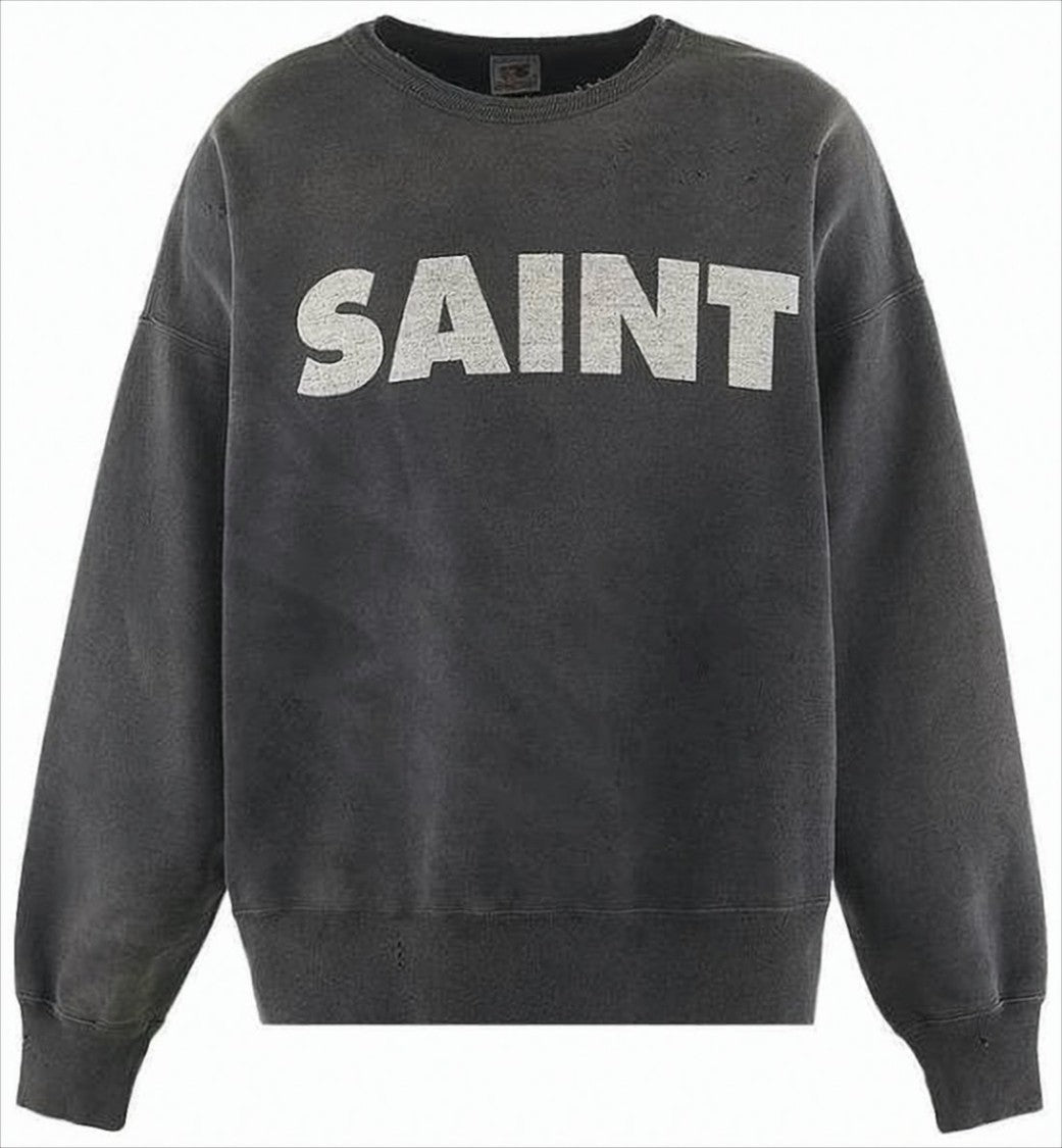 Saint Mxxxxxx Washed Black Long-Sleeve Sweatshirt With Distressed Graphics