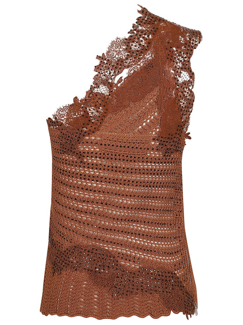 Ermanno Scervino One-Shoulder Brown Cotton Top With Intricate Lace Detailing