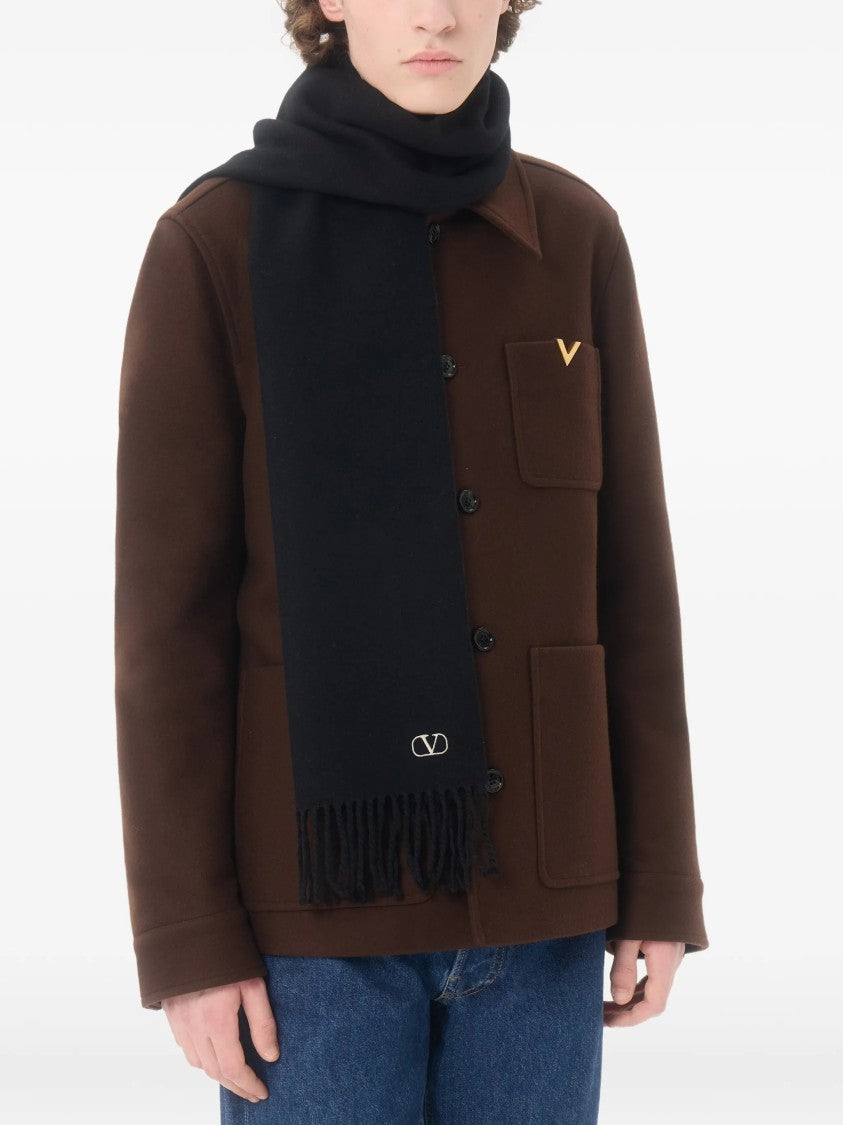 Valentino Fringed Black Wool Scarf With Minimalist Embroidery