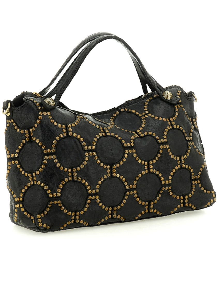 Campomaggi Black Leather Handbag With Circular Patch Design And Gold-Tone Studs