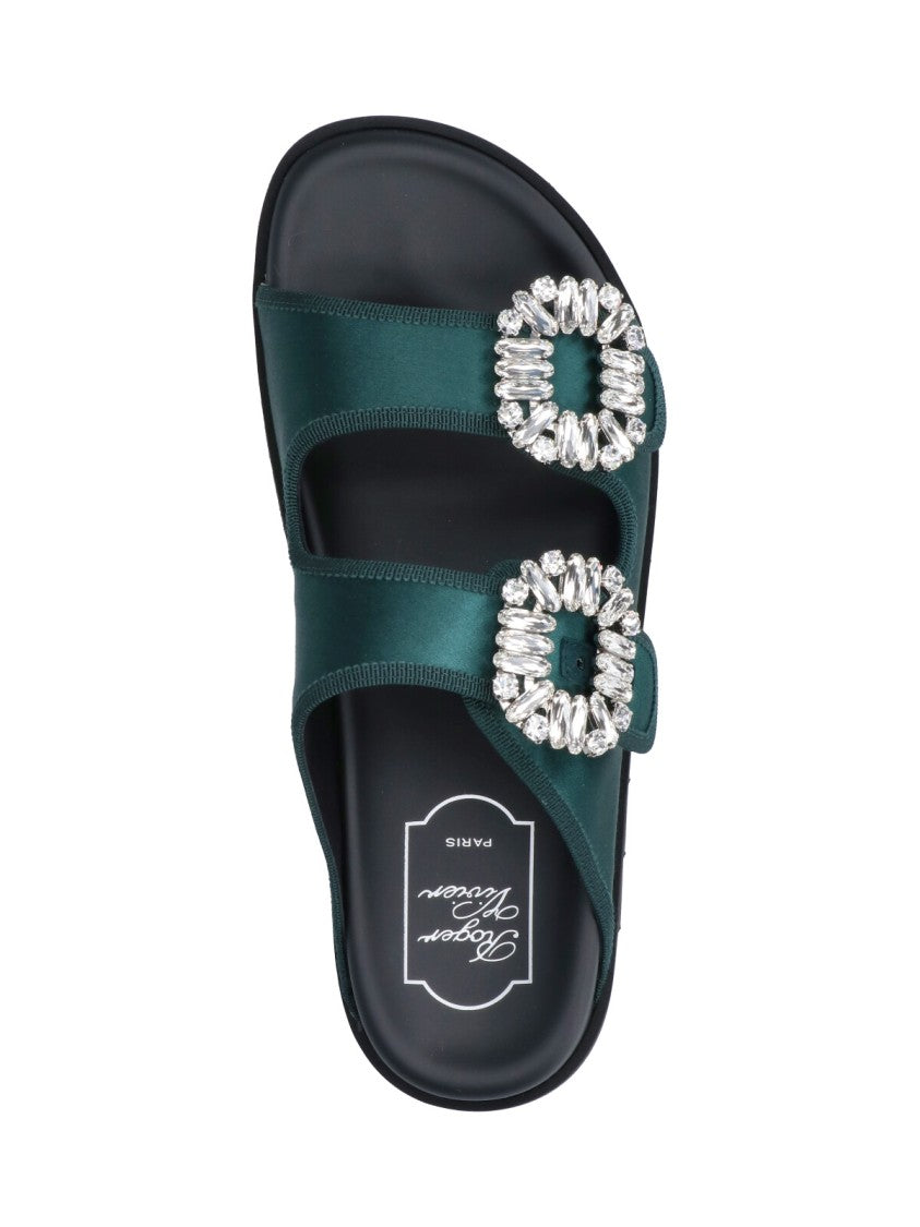 Roger Vivier Green Slidy Viv Satin Strap Mules