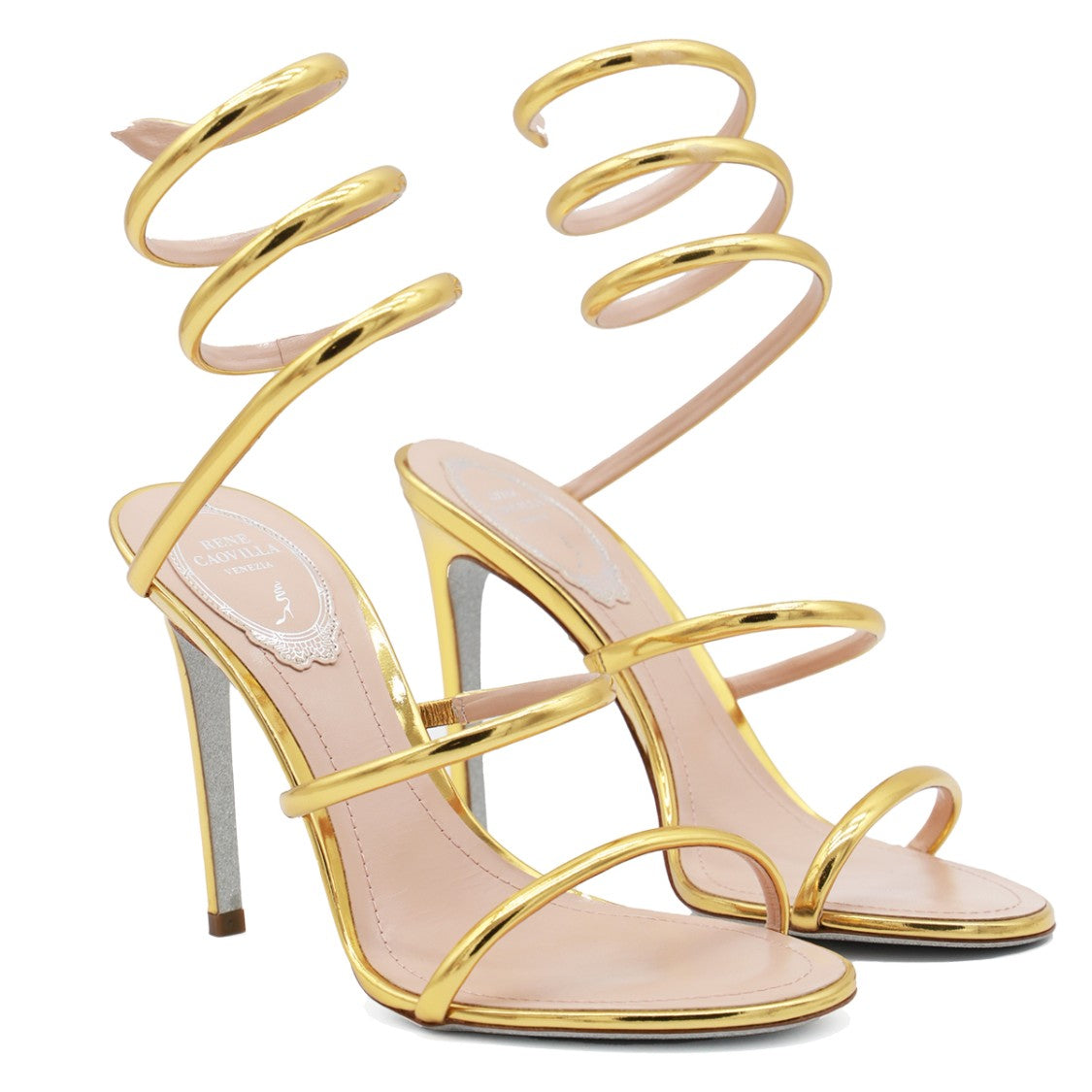 René Caovilla Gold Leather Stiletto Sandals