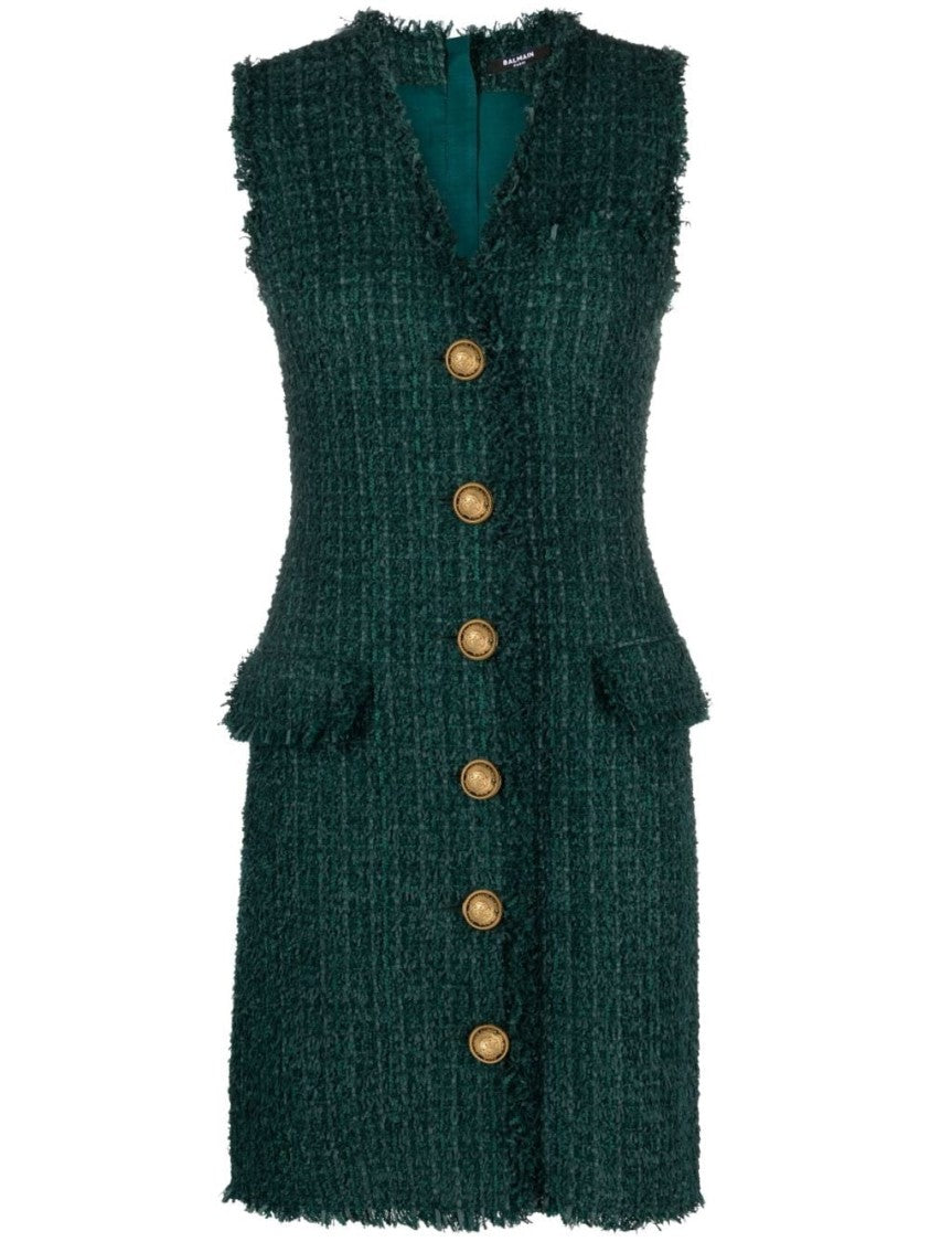 Balmain V-Neck Buttoned Tweed Dress