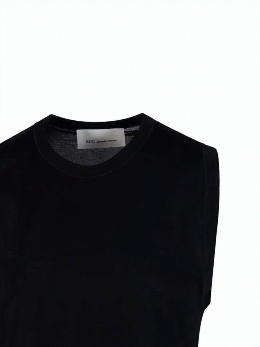 Ami Paris Navy Sleeveless Round Neck Cotton Top