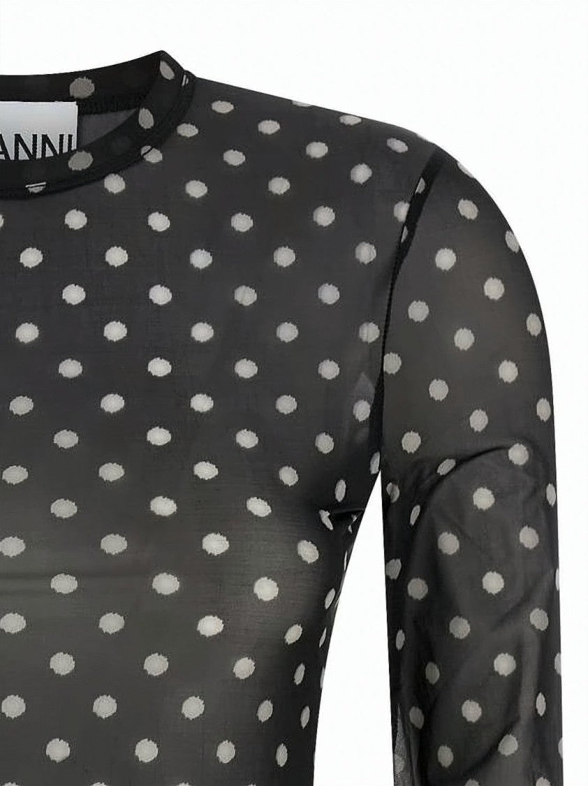 Ganni Sheer Long-Sleeve Top With All-Over Polka Dot Pattern