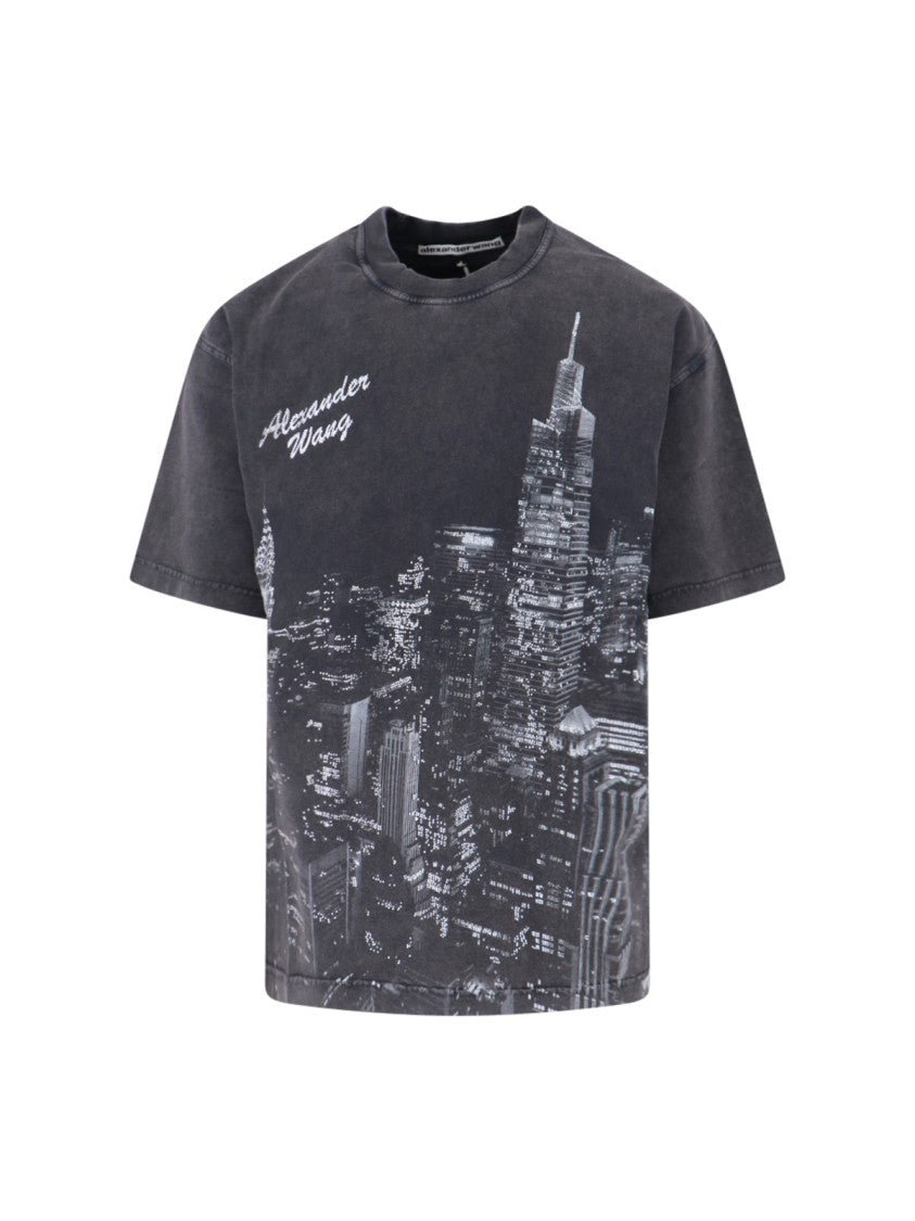 Alexander Wang Black Oversized T-Shirt With Skyline Graphic And Crystal Detail