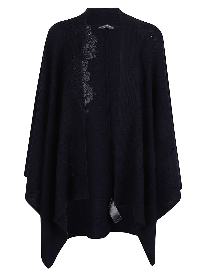 Ermanno Scervino Flowing Black Wool-Blend Cape With Floral Embroidery