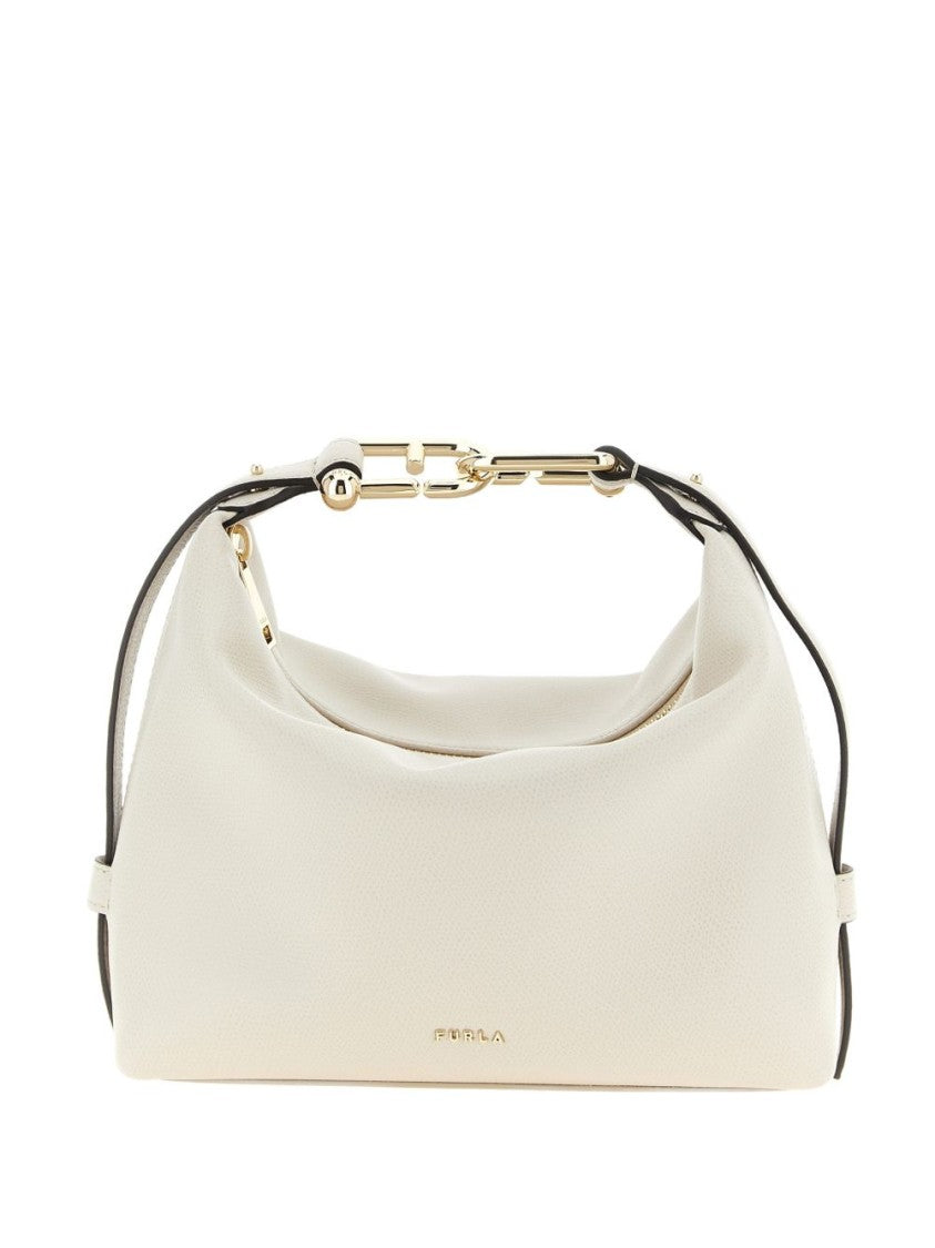 Furla Beige Structured Metal Logo Shoulder Bag