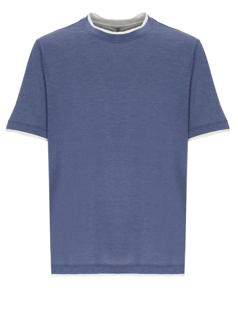 Brunello Cucinelli Blue Contrasting Trims Silk-Blend T-Shirt