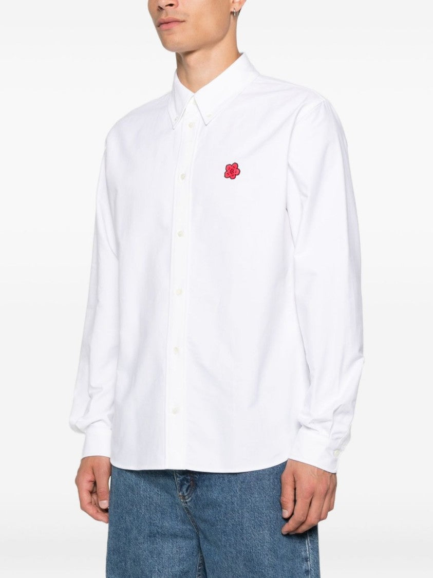 Kenzo White Classic Button-Up Red Embroidered Shirt