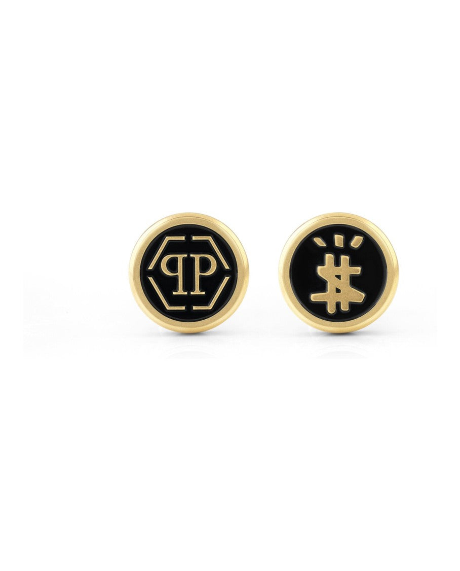 Philipp Plein Black Enamel And Gold Logo Cufflinks